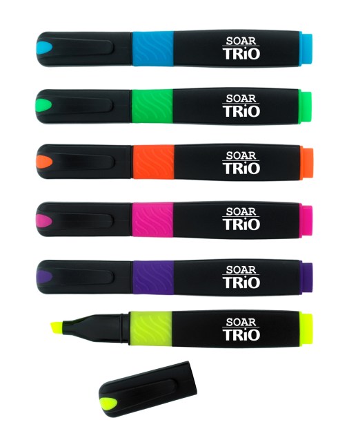 Fade Resistant Ink. Chisel Tip Highlighter. Black with Pink, Blue, Yellow, Orange, Green or Purple Trim and Matching Highlighter.