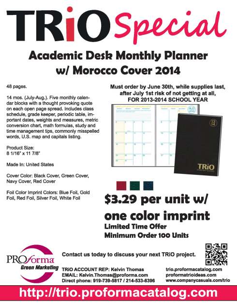 Five monthly calendar blocks with a thought provoking quote on each open page spread. Includes class schedule, grade keeper, periodic table, important dates, weights and measures, metric conversion chart, math formulas, study and time management tips, commonly misspelled words, U.S. map and capitals listing.