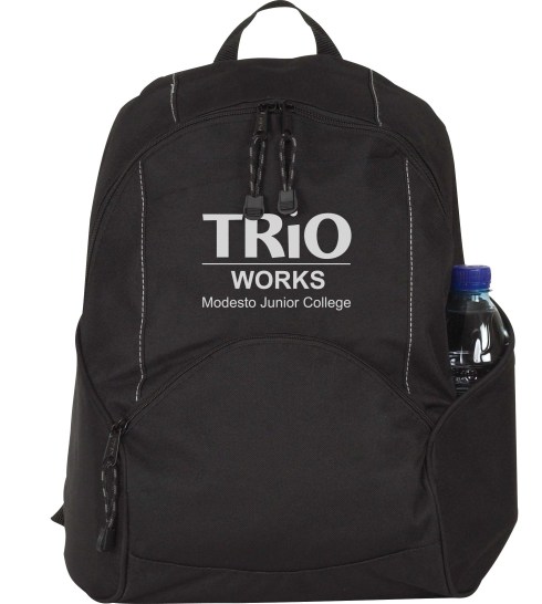 This backpack is just the right size for a day trip.  Zippered main compartment. Front zippered pocket. Water bottle pocket. Padded adjustable shoulder straps.