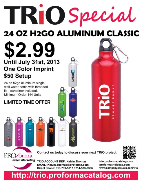 24 oz h2go aluminum single wall water bottle with threaded lid - carabiner included