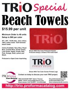 30” x 60”, 10.5lb./doz., terry velour, 100% cotton towel. Twill hemmed beach towel. Colors Available: Navy Blue, Royal Blue, Coastal Blue, Hunter Green, Lime Green, Apple, Purple, Red, Pink, Orange, Gold, Lemon and Black.