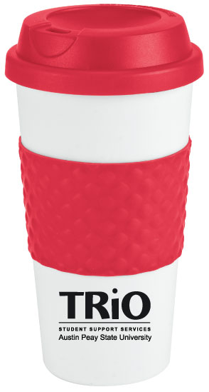 16oz Double wall insulation, Classic white plastic coffee cup, Contrasting bold color silicone texture grip center band, Matching color plastic twist-on lid, Not microwave or dishwasher safe.