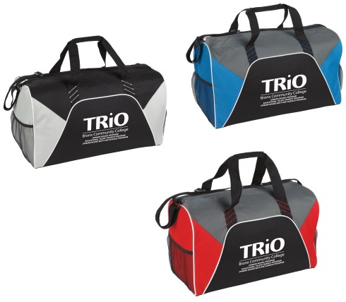 Pops of color add to the instant appeal of this durable duffel.  Zippered main compartment. Two mesh side pockets with elastic. Adjustable shoulder strap and hand carry.