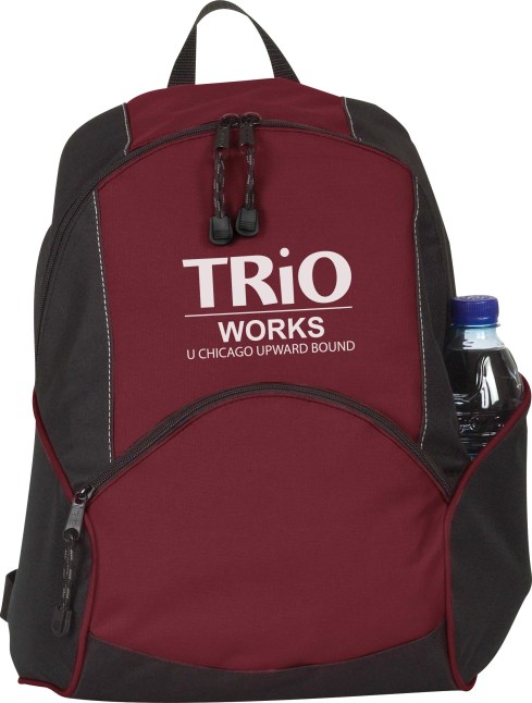 This backpack is just the right size for a day trip. Zippered main compartment. Front zippered pocket. Water bottle pocket. Padded adjustable shoulder straps.