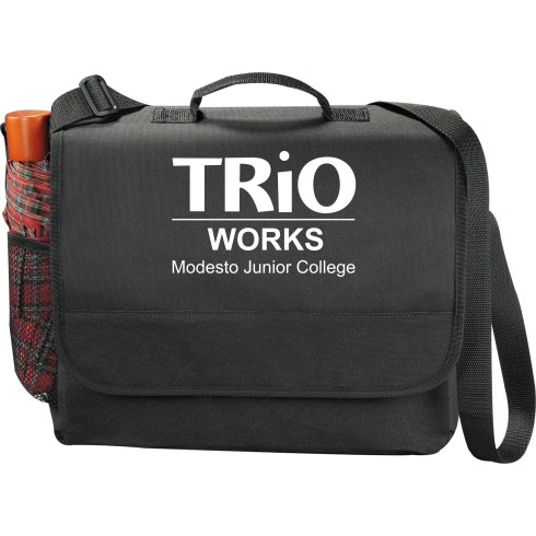 Zippered main compartment with velcro flap closure. Organization panel under flap. Side mesh pocket. Carry handle and adjustable shoulder strap.