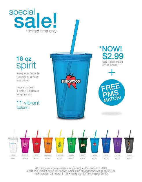 16 oz acrylic double wall tumbler with threaded lid and matching straw. On sale ‑ expires September 30, 2013