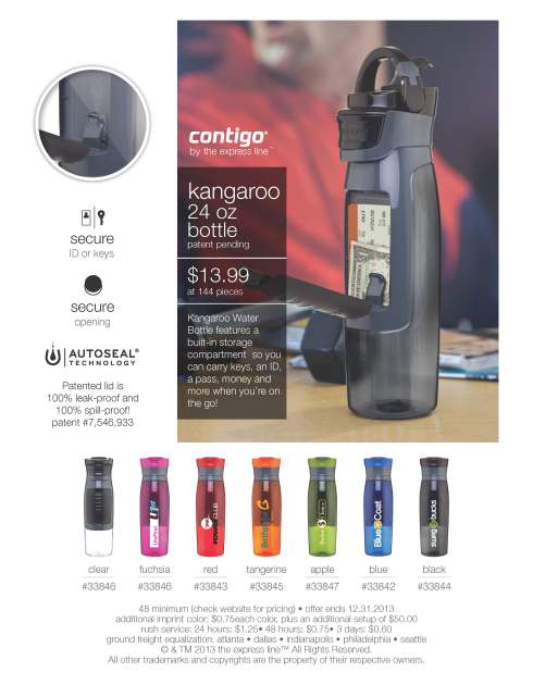 24 oz Contigo AutoSeal Kangaroo copolyester water bottle with push button opening and storage compartment with carabiner carrying loop.