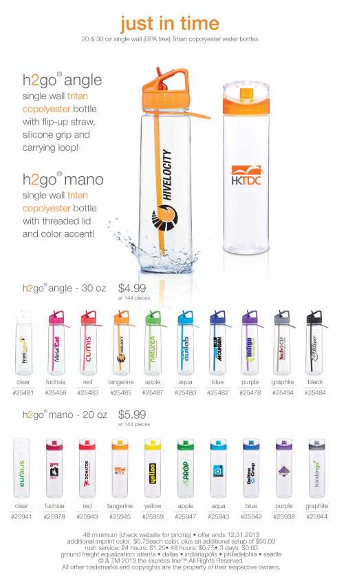 30 oz single wall tritan copolyester bottle with flip-up straw, silicone grip and carrying loop. Sale ends expires December 31, 2013.