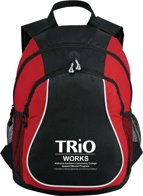 Large zippered main compartment with headphone port. Zippered front pocket. Side mesh water bottle pockets. Padded back panel. Padded, adjustable shoulder straps.