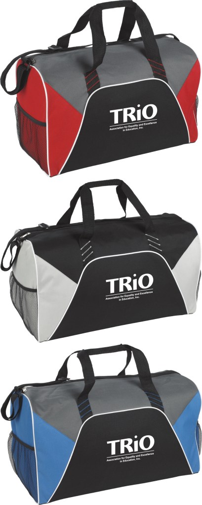 Pops of color add to the instant appeal of this durable duffel. Zippered main compartment. Two mesh side pockets with elastic. Adjustable shoulder strap and hand carry.