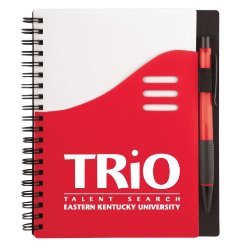 Spiral bound, White PP cover with contrasting bold color large front pocket with die-cut detail, Matching color PB1707 ballpoint pen included, 70 Lined pages.