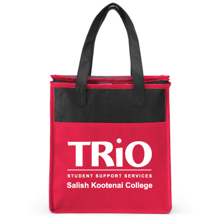 Black 100% nonwoven, soft textured, heavy polypropylene material, Bold color large front pocket accent with matching color all-over piping, Black handles, Zippered main compartment with foil lining for insulation, 6" Gusset.