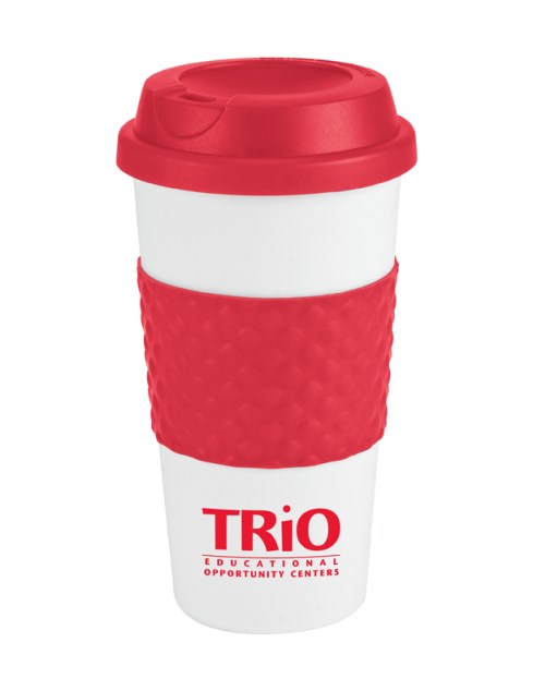 16oz Double wall insulation, Classic white plastic coffee cup, Contrasting bold color silicone texture grip center band, Matching color plastic twist-on lid, Not microwave or dishwasher safe.