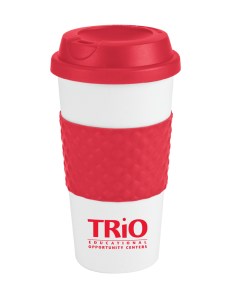 16oz Double wall insulation, Classic white plastic coffee cup, Contrasting bold color silicone texture grip center band, Matching color plastic twist-on lid, Not microwave or dishwasher safe.