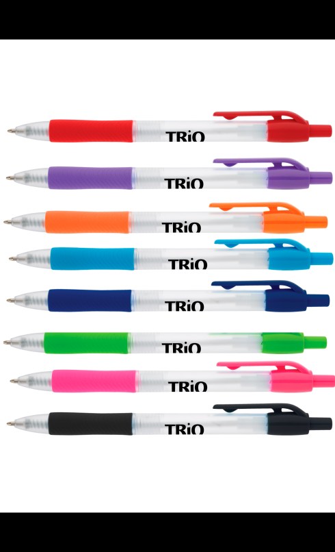 Rubber Grip For Writing Comfort And Control. Clear Barrel with Black, Royal Blue, Light Blue, Lime Green, Purple, Fuchsia, Orange or Red Clip and Grip. $0.29.