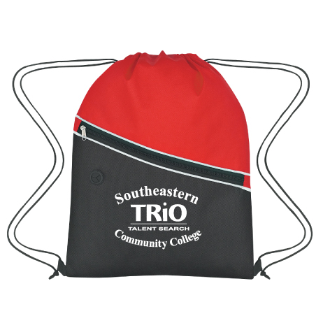 Made Of 80 Gram Non-Woven, Coated Water-Resistant. Polypropylene Drawstring Closure. Built-In Slot For Ear Buds. Large Front Zippered Pocket.