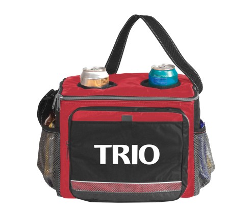 Enjoy game day tailgating with this large cooler. This cooler allows for 24 cans and comes with two insulated drink pockets. Zippered closure on main compartment Two insulated drink pockets, front zippered compartment & slip pocket with mesh trim. Two mesh water bottle pockets & adjustable shoulder strap. Heat sealed PEVA liner.