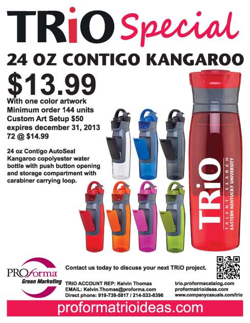 24 oz Contigo AutoSeal Kangaroo copolyester water bottle with push button opening and storage compartment with carabiner carrying loop.