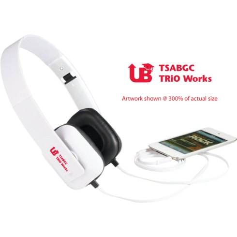 Use with any standard audio device. Folding headband with deluxe padded on-ear headphones. 3.5mm audio jack 47-1/2 inch cable. Blue shown with one color imprint.