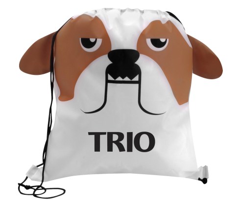 Nylon Drawstring bag with mascot motif. 210D polyester. Animals prints with fun. 3-dimensional features! Double drawcord closure. Size: 13.5W x 15H.