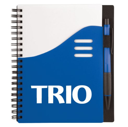 Spiral bound, White PP cover with contrasting bold color large front pocket with die-cut detail, Matching color ballpoint pen included (without imprint), 70 Lined pages.