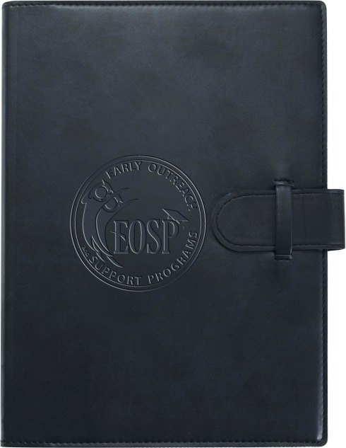 Debossed leather cover. Elastic pen loop. Tab and loop closure. Blue and silver ribbon page markers. Business card slot. 128 sheet lined refillable journal insert.