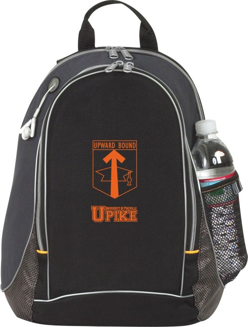 Title Track Backpack, Zippered main compartment Front zippered pocket with organizer panel MP3 player pocket with headphone port and mesh water bottle pocket Fully padded back and padded adjustable shoulder straps