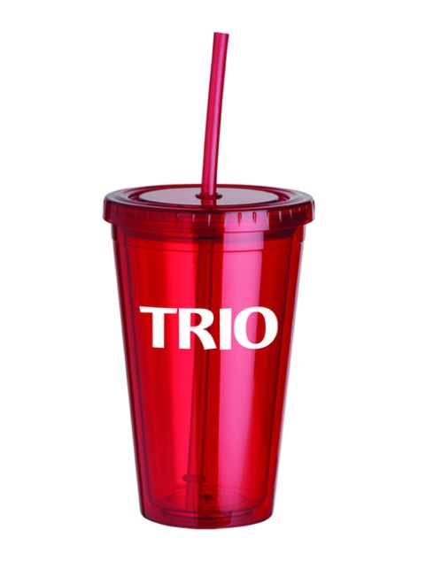 16 oz. Double wall acrylic cup with matching color screw-top lid and sip straw, BPA free, Not microwave or dishwasher safe.