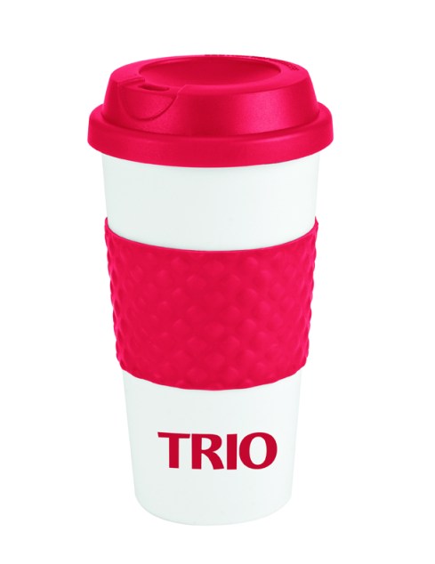 16oz Double wall insulation, Classic white plastic coffee cup, Contrasting bold color silicone texture grip center band, Matching color plastic twist-on lid, Not microwave or dishwasher safe.