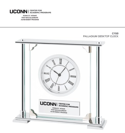 Elegant acrylic insert and high luster silver finish metal combination, quartz analog movement, shiny silver metal base and column details, battery included.