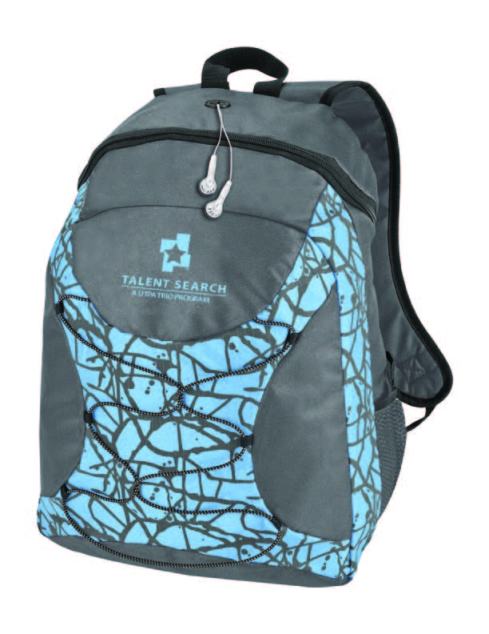 600D 2-Tone polyester, Rich charcoal gray backpack with fashionable contrasting color paint splatter pattern, Non-PVC material backing, Large main compartment, Rubber ear bud port, Charcoal mesh side catch pocket, Front elastic rope, Padded adjustable straps and sturdy web handle.