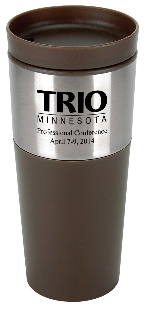 Sadie Tumbler - 18 oz. Enjoy your morning beverage in this stylish tumbler. Drink-thru lid. Stainless-steel band at the top of tumbler. 18 oz. capacity when filled to the rim.