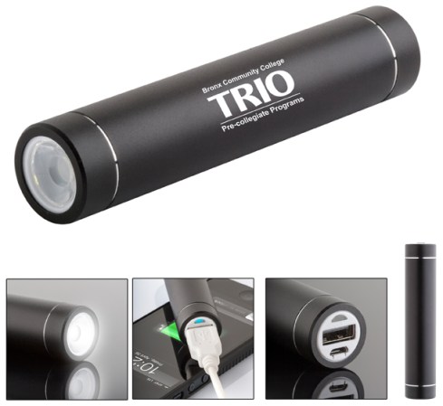 Portable cylindrical stick style powerbank with LED flashlight for smartphone, Attractive brushed satin black metallic aluminum case, 2000 mAh Li-ion battery, Adapters for Micro USB and USB, Slide button function choice, Compatible with Windows and Mac OS, Great for purse or pocket.