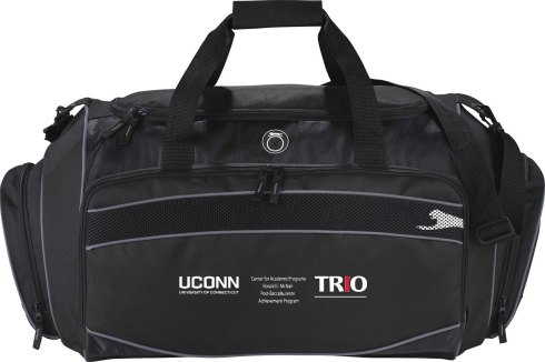 Sporty 26" duffel with large main compartment and U-Shaped opening. Large front zippered pocket with media pocket and earbud port. Shoe pocket and zippered end pocket. Removable shoulder strap.