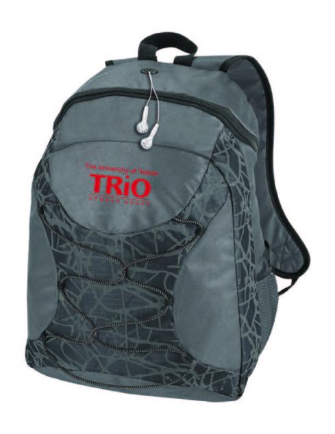 600D 2-Tone polyester, Rich charcoal gray backpack with fashionable contrasting color paint splatter pattern, Non-PVC material backing, Large main compartment, Rubber ear bud port, Charcoal mesh side catch pocket, Front elastic rope, Padded adjustable straps and sturdy web handle.