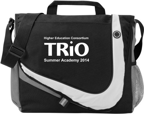 Open main compartment. Full organization under Velcro closure flap. Front open pocket, pen loop and earbud port. Side accessory and mesh pockets. Media storage with headphone port. Carry handle. Adjustable shoulder strap. Exclusive design