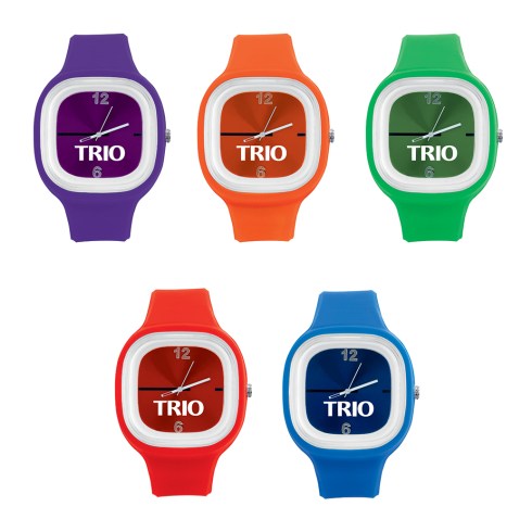 Large faced, bold watch with flexible band Faces can be removed and are interchangable, great for assorted color orders Great for sporting events or to promote awareness