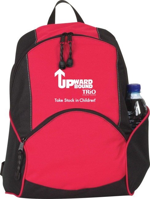 This backpack is just the right size for a day trip. Zippered main compartment. Front zippered pocket. Water bottle pocket. Padded adjustable shoulder straps.