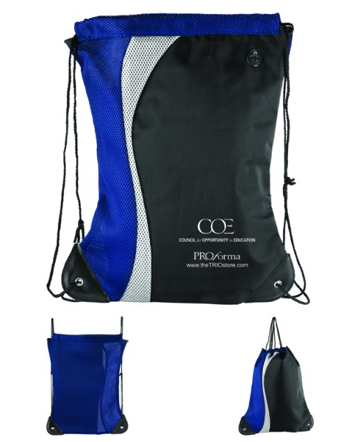 2-Tone contour shaped microfiber and mesh day pack with Silver accent, Open air mesh fabric back, Sturdy reinforced bottom corners with strong grommet and cord drawstring construction, Rubber ear bud port, Velcro inside pocket.