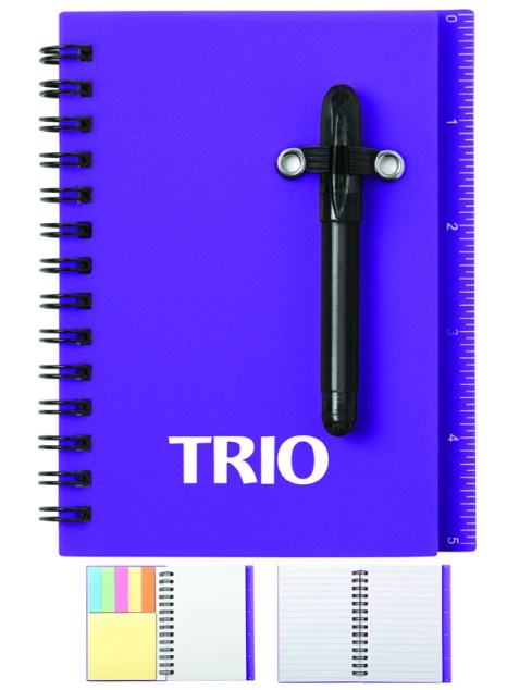 Bright translucent color cover, Matching color sporty shorty pen, except for White, Spiral bound with 50 lined sheets, Color-coded self-stick tabs and memo pad included, Built-in ruler on cover.