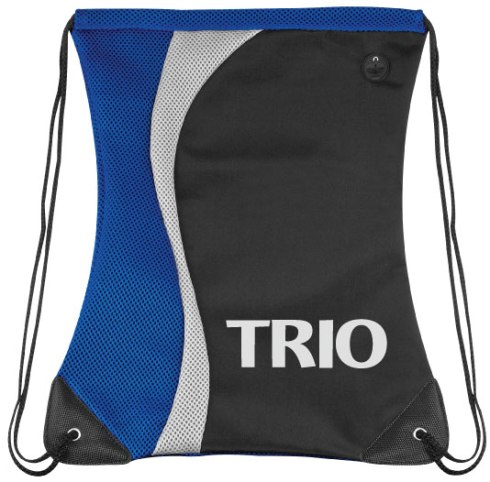 These bags have got to go. 2-Tone contour shaped microfiber and mesh day pack with Silver accent, Open air mesh fabric back, Sturdy reinforced bottom corners with strong grommet and cord drawstring construction, Rubber ear bud port, Velcro inside pocket, Packs FLAT!