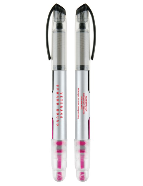 Sleek and comfortable clear translucent barrel, Silver wrap with Black and gray accents, One side contains a smooth flow Black roller ball pen and the other a liquid highlighter.