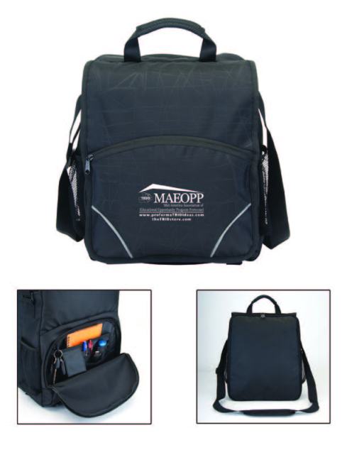 Rectangular black 1680D bag with patterned 210D accent, Large compartment vertical messenger with large zipper pocket under flap with organizational panel, TSA friendly zipper laptop compartment for easy inspection, 2 Mesh side catch pockets, Zipper pocket on front flap, Top mesh covered handle, Adjustable web strap with shoulder pad, Front reflective piping accent.