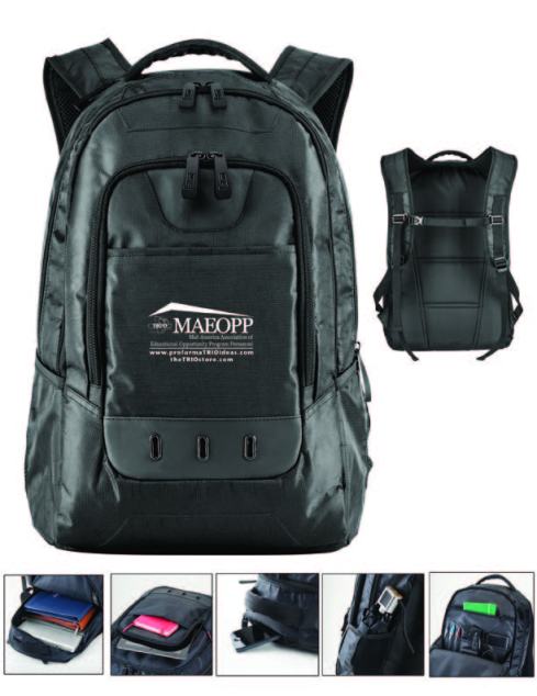 Handsome black 1680D with 420D cross dobby construction, Large main compartment with dual heavy zipper and protected secure slot, Fits up to 15" laptop, Center zippered compartment with organizational panel and extra inner zipper pocket, Front zipper full size pocket, Additional front drop pocket with oval metal grommet accent, Large side pockets, Top sturdy web handle, Adjustable wide comfort shoulder straps, extra padded contour back panel.