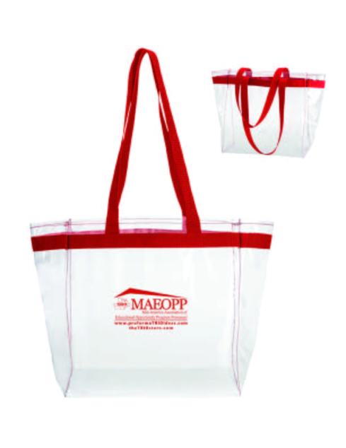 Ready for game day or everyday! Lightweight, Crystal clear 0.2mm PVC tote with bold color web band accent, Matching double shoulder handles, 5-3/4” Gusset, Folds flat.