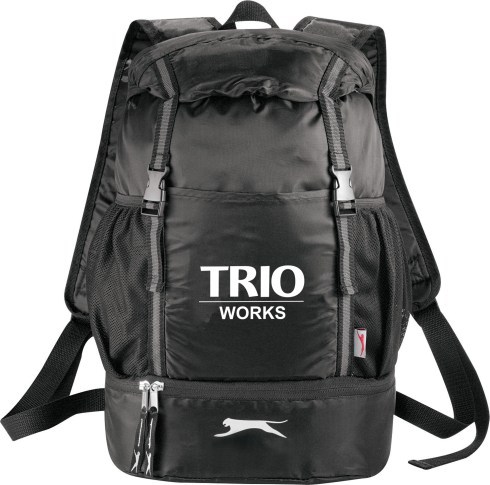 Large main compartment with pull-cord closure. Protective flap closes with reflective trim and hardware. Open front pocket. Two side mesh pockets. Zippered drop-bottom compartment. Adjustable, padded backpack straps. Signature Slazenger™ hardware and logo.