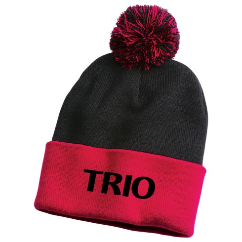 100% acrylic knit beanie. Topped with pom-pom. 12” deep. Embroidery included.