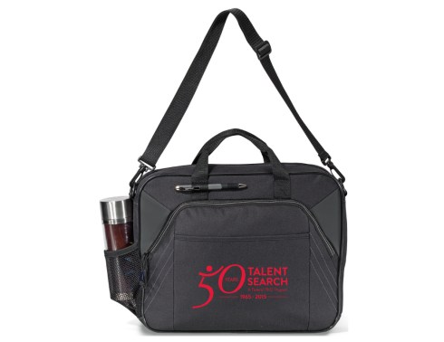 Large zippered main compartment Front zippered compartment with multi-function organizer and padded tablet pocket (fits all tablets) Front slash pocket Side mesh water bottle pocket Removable, adjustable shoulder strap Back slash pocket with velcro closure that conceals hidden ID window Pen or stylus loop