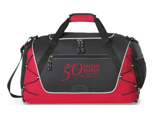 Front zippered pocket Bungee cords for extra storage Large U-shaped opening to zippered main compartment Tone-on-tone digital print accents provide added appeal Shoe tunnel with breathable, ventilating mesh Removable floor board for extra support Side mesh pocket and side zippered pocket Padded grab handles Removable, adjustable shoulder strap