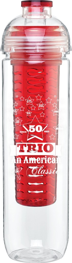 27 oz single wall tritan copolyester bottle with threaded lid and color accent infuser and flip top cap.